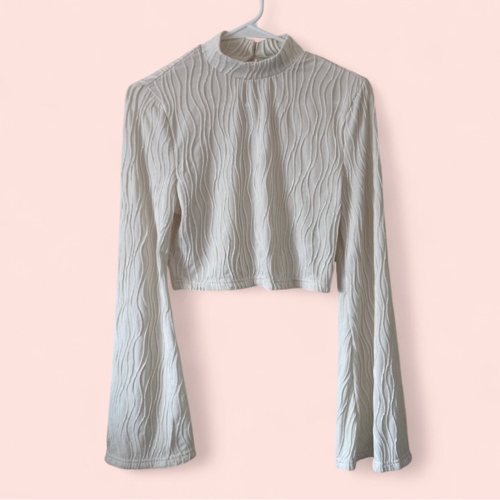 Women’s Large SHEIN Long Bell Sleeves Mock Neck Textured Ivory Cropped Blouse